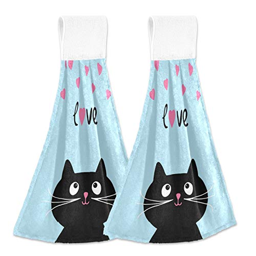 COOLDEER 2 PCS Love Cat Kitchen Hand Towels Fast Dry Hanging Tie Towels Soft Coral Velvet Dish Wipe Cloth for Kitchen Bathroom Use