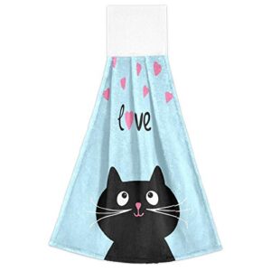 COOLDEER 2 PCS Love Cat Kitchen Hand Towels Fast Dry Hanging Tie Towels Soft Coral Velvet Dish Wipe Cloth for Kitchen Bathroom Use