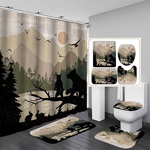 Dia Magico 4PCS Black Bear Shower Curtain Set, Rabbit Bird Deer Elk Moose Wildlife Animal Hunting Nature Pine Tree Woodland Country Rustic Farmhouse Bathroom Decor, Non-Slip Bath Mat, Sun & Mountain