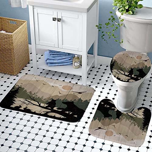 Dia Magico 4PCS Black Bear Shower Curtain Set, Rabbit Bird Deer Elk Moose Wildlife Animal Hunting Nature Pine Tree Woodland Country Rustic Farmhouse Bathroom Decor, Non-Slip Bath Mat, Sun & Mountain