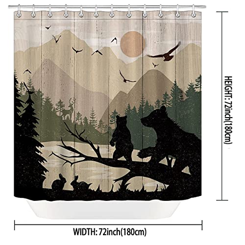 Dia Magico 4PCS Black Bear Shower Curtain Set, Rabbit Bird Deer Elk Moose Wildlife Animal Hunting Nature Pine Tree Woodland Country Rustic Farmhouse Bathroom Decor, Non-Slip Bath Mat, Sun & Mountain