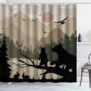 Dia Magico 4PCS Black Bear Shower Curtain Set, Rabbit Bird Deer Elk Moose Wildlife Animal Hunting Nature Pine Tree Woodland Country Rustic Farmhouse Bathroom Decor, Non-Slip Bath Mat, Sun & Mountain