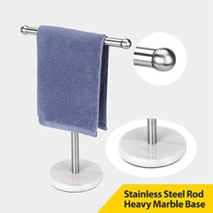 Hand Towel Holder Stand with Heavy Marble Base, T-Shape Towel Rack, Free-Standing for Bathroom Vanity Countertop, 304 Stainless Steel (Brushed Silver)