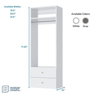 Hanging Closet Unit with Drawer (2) - Modular Closet System for Hanging - Corner Closet System - Closet Organizers and Storage Shelves (White, 25.5 inches Wide) Closet Shelves