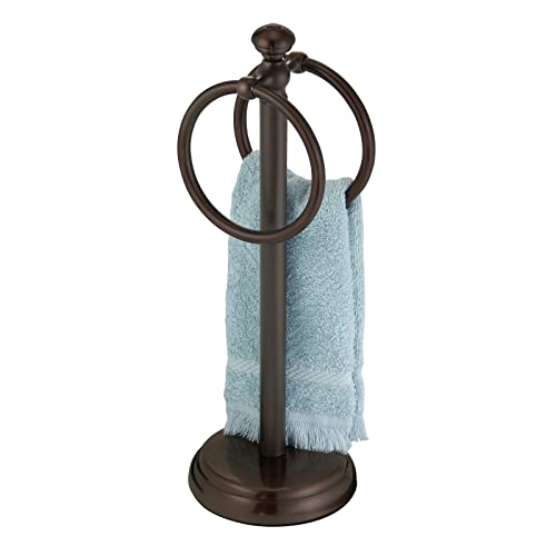 mDesign Steel Towel Rack Holder Stand with 2 Hanging Rings for Bathroom Vanity Countertops - Space Saving Hand Towel Holder - Hyde Collection - Bronze