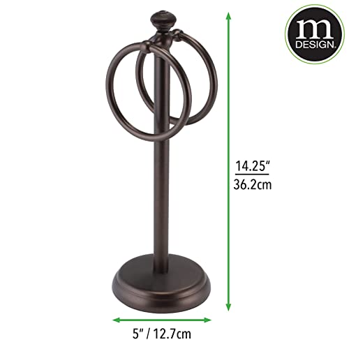 mDesign Steel Towel Rack Holder Stand with 2 Hanging Rings for Bathroom Vanity Countertops - Space Saving Hand Towel Holder - Hyde Collection - Bronze