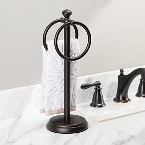 mDesign Steel Towel Rack Holder Stand with 2 Hanging Rings for Bathroom Vanity Countertops - Space Saving Hand Towel Holder - Hyde Collection - Bronze