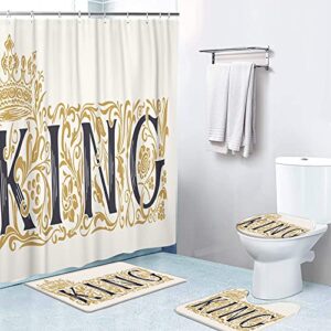 lokmu 4 pcs shower curtain set beautiful vintage royal king logo symbol luxury design with crown with non-slip rugs toilet lid cover and bath mat waterproof with 12 hooks bathroom decor set 72" x 72"