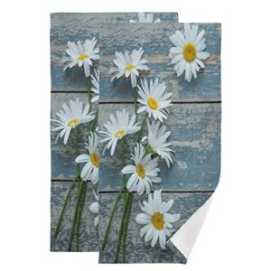 daisy flower hand towels for bathroom set of 2 rustic country white floral on retro teal blue wooden luxury towels 16"x28" soft absorbent bathroom hand towel for face,gym,spa,kitchen dish tea towels
