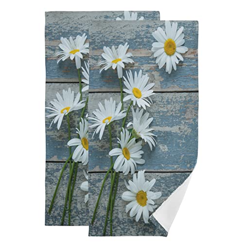 Daisy Flower Hand Towels for Bathroom Set of 2 Rustic Country White Floral on Retro Teal Blue Wooden Luxury Towels 16"x28" Soft Absorbent Bathroom Hand Towel for Face,Gym,Spa,Kitchen Dish Tea Towels