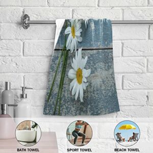 Daisy Flower Hand Towels for Bathroom Set of 2 Rustic Country White Floral on Retro Teal Blue Wooden Luxury Towels 16"x28" Soft Absorbent Bathroom Hand Towel for Face,Gym,Spa,Kitchen Dish Tea Towels