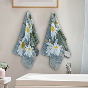 Daisy Flower Hand Towels for Bathroom Set of 2 Rustic Country White Floral on Retro Teal Blue Wooden Luxury Towels 16"x28" Soft Absorbent Bathroom Hand Towel for Face,Gym,Spa,Kitchen Dish Tea Towels