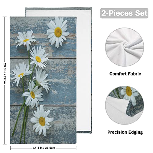 Daisy Flower Hand Towels for Bathroom Set of 2 Rustic Country White Floral on Retro Teal Blue Wooden Luxury Towels 16"x28" Soft Absorbent Bathroom Hand Towel for Face,Gym,Spa,Kitchen Dish Tea Towels