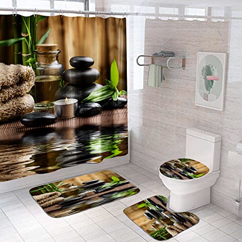 BUSOIYOU 4 Pcs Zen Stone Shower Curtain Sets with Rugs , Meditation Design Waterproof Fabric Bathroom Shower Curtain，with Non-Slip Rugs Toilet Lid Cover and Bath Mat Bathroom Set 72" x 72"