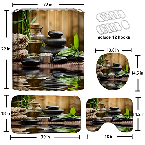 BUSOIYOU 4 Pcs Zen Stone Shower Curtain Sets with Rugs , Meditation Design Waterproof Fabric Bathroom Shower Curtain，with Non-Slip Rugs Toilet Lid Cover and Bath Mat Bathroom Set 72" x 72"