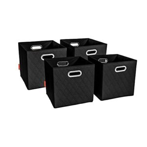 jiaessentials large 13-inch black foldable diamond patterned faux leather storage cube bins set of four with handles with dual handles for living room, bedroom and office storage