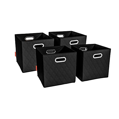 JIAessentials Large 13-inch Black Foldable Diamond Patterned Faux Leather Storage Cube Bins Set of Four with Handles with Dual Handles for living room, bedroom and office storage