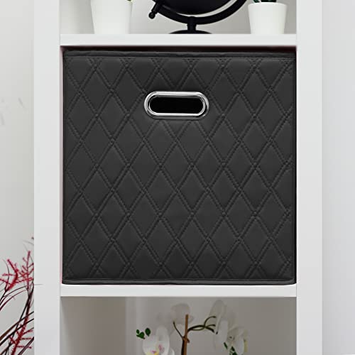 JIAessentials Large 13-inch Black Foldable Diamond Patterned Faux Leather Storage Cube Bins Set of Four with Handles with Dual Handles for living room, bedroom and office storage