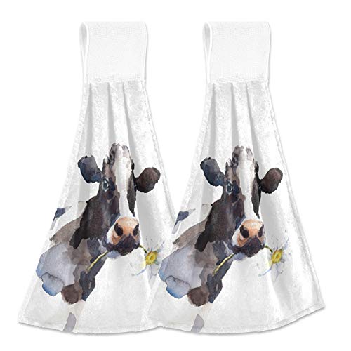 Oarencol Vintage Cow Daisy Flower Kitchen Hand Towel Farm Animal Absorbent Hanging Tie Towels with Loop for Bathroom 2 Pcs