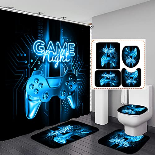 Blue Cool Game Shower Curtain Kids Boys Gaming Bath Curtain with 12 Hooks Modern Gamer Bathroom Decor Teens Gamepad Shower Curtain Set for Stalls Bathtubs 72" Wx72 L Waterproof (Blue Cool Game)