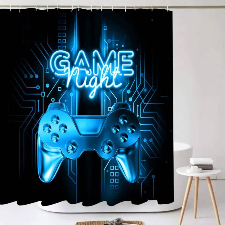 Blue Cool Game Shower Curtain Kids Boys Gaming Bath Curtain with 12 Hooks Modern Gamer Bathroom Decor Teens Gamepad Shower Curtain Set for Stalls Bathtubs 72" Wx72 L Waterproof (Blue Cool Game)