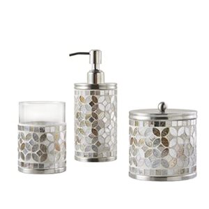 madison park tesera glass bathroom accessory set, stainless steel top, handcrafted mosaic tiles, vanity décor, lotion / soap dispenser with pump, tumbler, covered jar, multi-sizes, silver/gold 3 piece