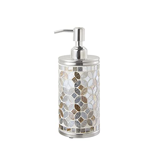 Madison Park Tesera Glass Bathroom Accessory Set, Stainless Steel Top, Handcrafted Mosaic Tiles, Vanity Décor, Lotion / Soap Dispenser with Pump, Tumbler, Covered Jar, Multi-Sizes, Silver/Gold 3 Piece