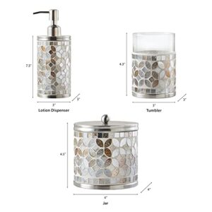 Madison Park Tesera Glass Bathroom Accessory Set, Stainless Steel Top, Handcrafted Mosaic Tiles, Vanity Décor, Lotion / Soap Dispenser with Pump, Tumbler, Covered Jar, Multi-Sizes, Silver/Gold 3 Piece