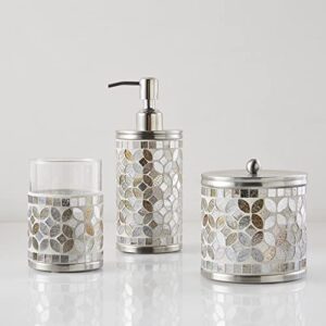 Madison Park Tesera Glass Bathroom Accessory Set, Stainless Steel Top, Handcrafted Mosaic Tiles, Vanity Décor, Lotion / Soap Dispenser with Pump, Tumbler, Covered Jar, Multi-Sizes, Silver/Gold 3 Piece