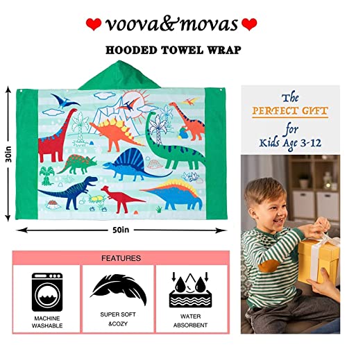 VOOVA & MOVAS Kids Towels with Hood | Soft Cotton (30X50 inches) Beach | Pool | Bath Towels | Summer Beach Essentials | Wrap Bathrobe for Boys Ages 3-10, for Toddler, Dinosaur | Dino