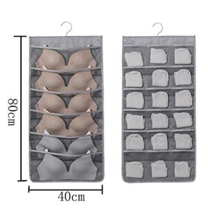 1 Piece Closet Hanging Organizer Storage Bags with Mesh Pockets and Rotating Metal Hanger Dual Sided Wall Shelf Wardrobe Organizers Storage Bags for Bra Underwear Underpants Socks(Gray, 24 Pocket)