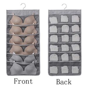 1 Piece Closet Hanging Organizer Storage Bags with Mesh Pockets and Rotating Metal Hanger Dual Sided Wall Shelf Wardrobe Organizers Storage Bags for Bra Underwear Underpants Socks(Gray, 24 Pocket)