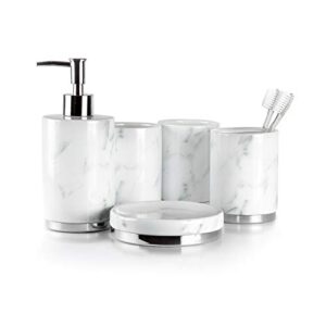 willow&ivory™ bathroom accessories set | 5 piece, ceramic bath set | toothbrush holder, soap dispenser, soap dish, 2 tumblers | marble collection