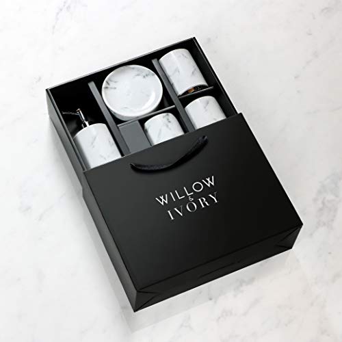 Willow&Ivory™ Bathroom Accessories Set | 5 Piece, Ceramic Bath Set | Toothbrush Holder, Soap Dispenser, Soap Dish, 2 Tumblers | Marble Collection