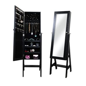 prinz black freestanding jewelry storage cabinet with full-length mirror, organizer with hooks, ring slots, 3 shelves, silver hardware , 14' x 55' x 14'