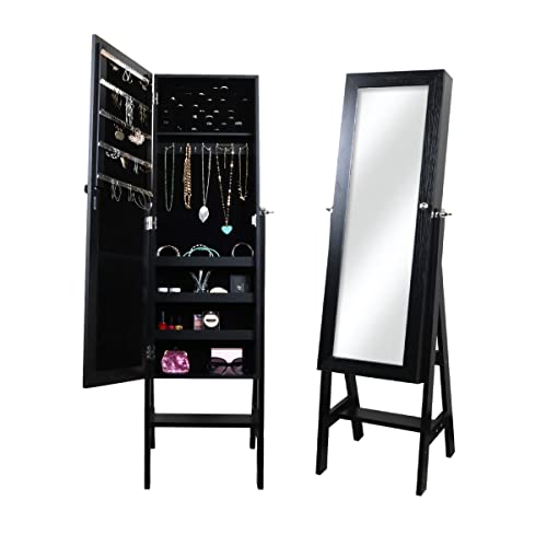 Prinz Black Freestanding Jewelry Storage Cabinet with Full-Length Mirror, Organizer with Hooks, Ring Slots, 3 Shelves, Silver Hardware , 14' X 55' X 14'