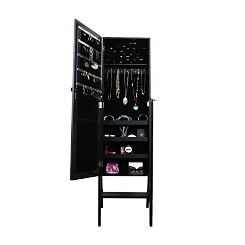 Prinz Black Freestanding Jewelry Storage Cabinet with Full-Length Mirror, Organizer with Hooks, Ring Slots, 3 Shelves, Silver Hardware , 14' X 55' X 14'