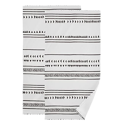 SHUSTARY 2 Pack Boho Hand Towels for Bathroom,Microfiber Soft Absorbent Black and White Kitchen Dish Towels Decorative Chic Triangle and Geometric Tassel Bath Towel for Bathroom,Face,Gym,Spa 14"x28"