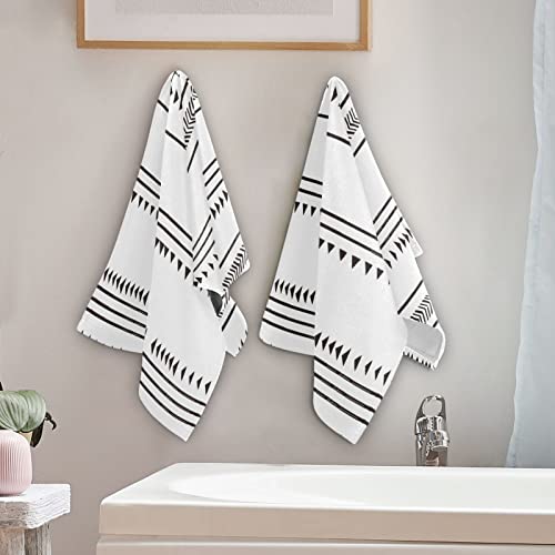 SHUSTARY 2 Pack Boho Hand Towels for Bathroom,Microfiber Soft Absorbent Black and White Kitchen Dish Towels Decorative Chic Triangle and Geometric Tassel Bath Towel for Bathroom,Face,Gym,Spa 14"x28"