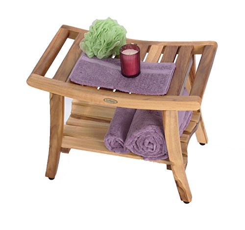 EcoDecors Harmony Teak Shower Bench Natural Wood Shower Bench with Shelf and LiftAide Arms 24" Shower Stool in Earthy Teak Finish