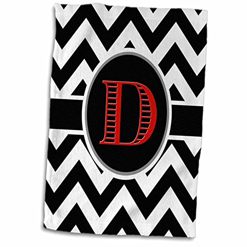 3D Rose Black and White Chevron Monogram Red Initial D Hand Towel, 15" x 22", Multicolor