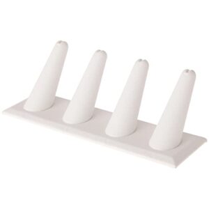 plymor white faux leather ring finger display, four on rectangular base, 6" w x 2.125" d x 2.5" h