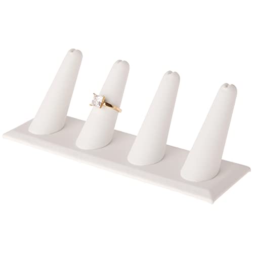 Plymor White Faux Leather Ring Finger Display, Four on Rectangular Base, 6" W x 2.125" D x 2.5" H
