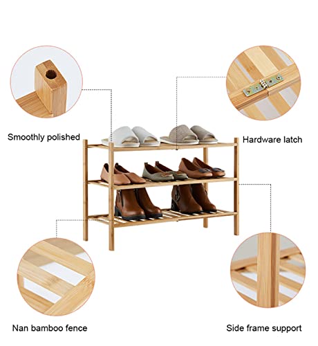 FUNGTN 2/3 Tier Bamboo Shoe Rack, Stand Shelf Shelving Hallway Easy Build Shelves, Large Storage Capacity Wooden Shoe Stand and Organiser, Perfect for Hallway, Bedroom, Small Spaces,B-Three~Layers