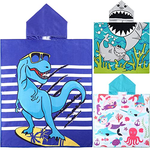 3 Pack Kids Hooded Towel 47 x 24 Inch Baby Beach Bath Towel for Girls Boys Thicker Toddler Swim Towels Ponchos with Hood Cotton Pool Bath Towels Poncho for 1-7 Years (Shark, Dinosaur)