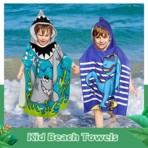 3 Pack Kids Hooded Towel 47 x 24 Inch Baby Beach Bath Towel for Girls Boys Thicker Toddler Swim Towels Ponchos with Hood Cotton Pool Bath Towels Poncho for 1-7 Years (Shark, Dinosaur)