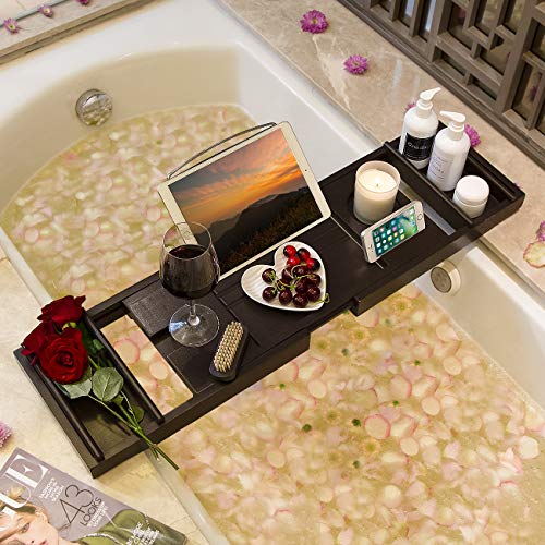 Bathtub Caddy Tray for Luxury Bath - Bamboo Waterproof Expandable Bath Table Over Tub with Wine and Book Holder and Free Soap Dish (Brown)