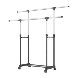 double rod portable clothing hanging garment rack, rolling clothes organizer, height adjustable clothing hanger organizer with lockable wheels, for hanging clothes