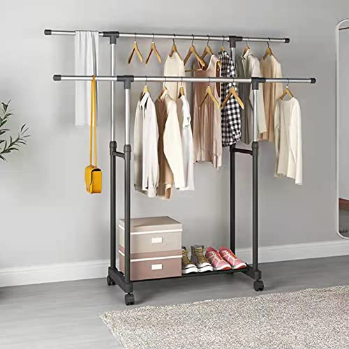 Double Rod Portable Clothing Hanging Garment Rack, Rolling Clothes Organizer, Height Adjustable Clothing Hanger Organizer with Lockable Wheels, for Hanging Clothes