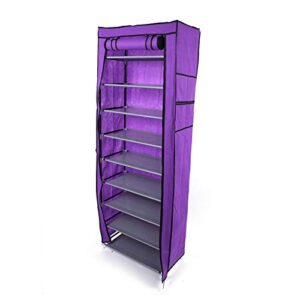 shoe rack storage organizer cabinet nonwoven fabric cover 10-tiers 9-compartment (purple)